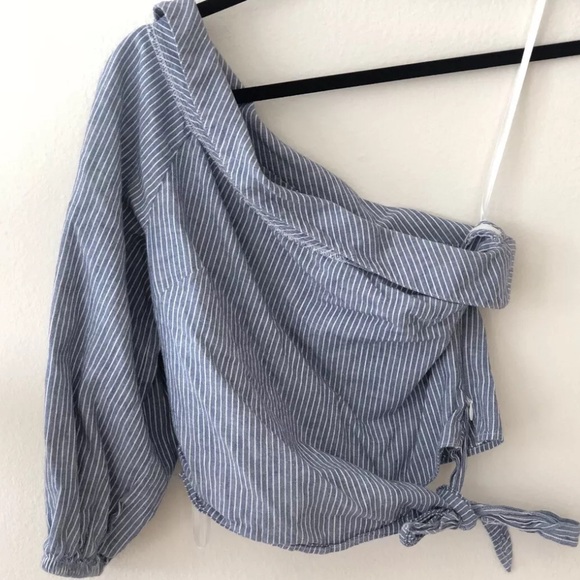 Free People Get Down Blue Striped One Shoulder Crop Top - Picture 3 of 8